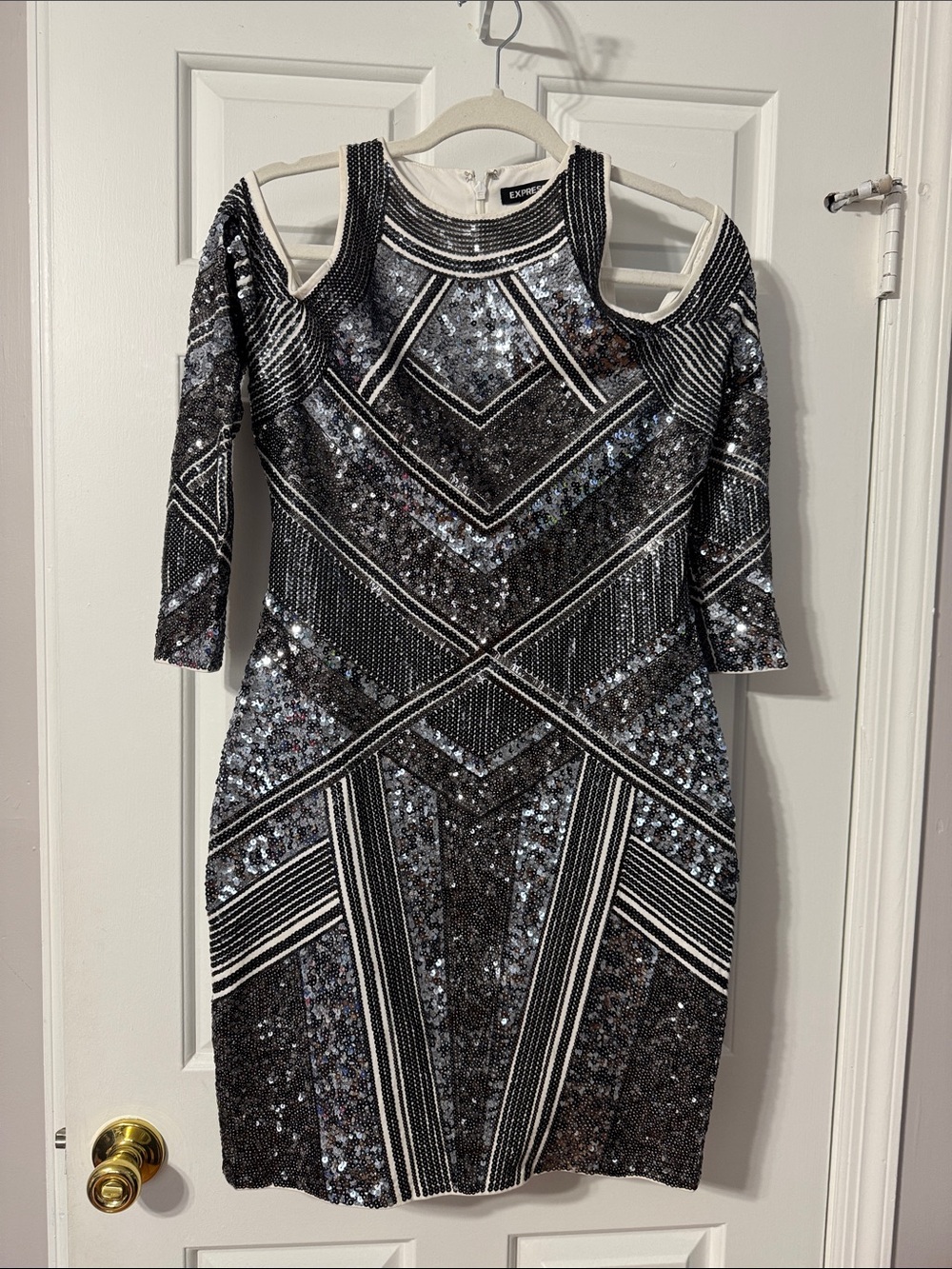 Express Black Silver Sequin Cold-Shoulder Midi Dress